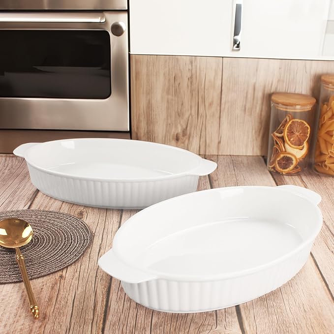 10 x 7 Inch Oval Au Gratin Baking Dishes, Set of 2, Porcelain Baking pan Oven Safe, Roasting Lasagna Pans, for Casserole Dish, Pie Plate, Baking, scalloped potatoes, shepherds pie