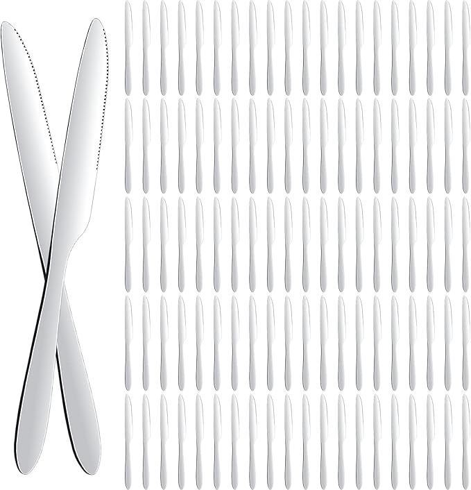Nuenen 100 Pieces Dinner Knives Set, 8.3 Inches Durable Butter Knife Stainless Steel Serrated Table, Steak Silverware for Home, Restaurant, Kitchen, Dishwasher Safe and Mirror Polished