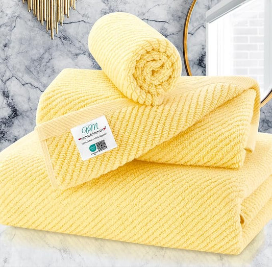 Yellow Towels for Bathroom - 100% Cotton | Quick Dry | Soft | Thick | Large, 3 Piece Towel Set, 1 Large Bath 30" x 56", 1 Hand 18" x 28", 1 Wash Cloth 13" x 13", Bathroom Essentials, Lemon Glow