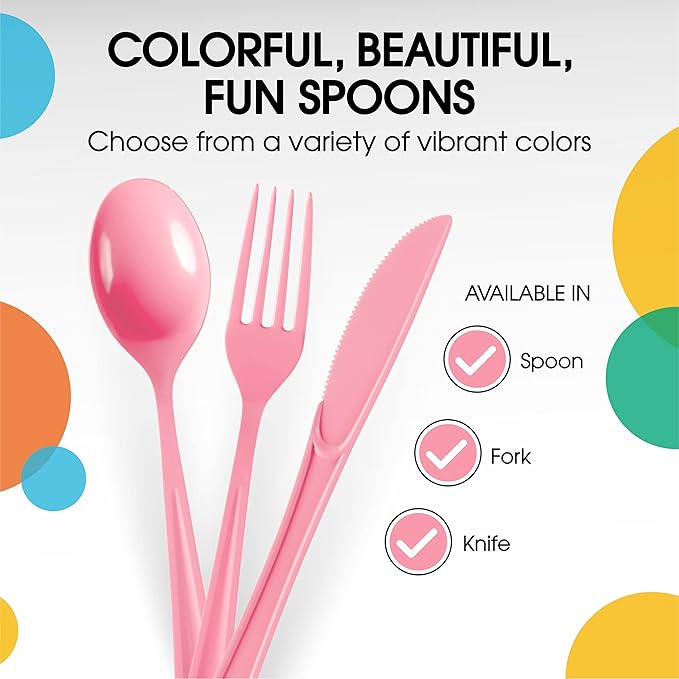 Party Solids Pink Plastic Spoons - 200 Pcs Heavy Duty Disposable Cutlery Set