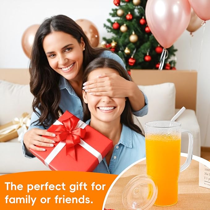 GOSCHE Glass Cups with Lids and Straws, 24oz Clear Iced Coffee Cups with Handle, Glass Tumbler with Straw and Lid for Smoothie Water Tea Juice, Clear, 2 Pack