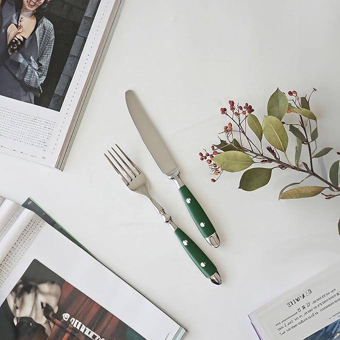 Silverware Set For 8 with Two Rivets, Vintage 40-Piece Everyday Flatware Set with Green Bakelite Handle, Stainless Steel Cutlery Set, Dishwasher Safe, Knives Spoons and Forks Set