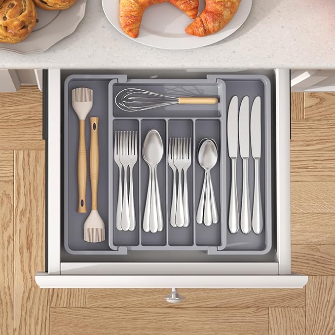 Lifewit Silverware Drawer Organizer, Expandable Utensil Tray for Kitchen, BPA Free Flatware and Cutlery Holder, Adjustable Plastic Storage for Spoons Forks Knives, 8.5"-14.1" x 12.1", Gray