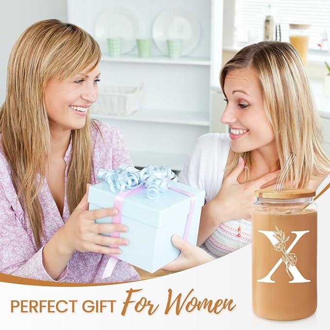 SANDJEST Monogrammed Gifts for Women - Monogram X Initial Glass Cup 16 Oz Can Coffee Cups with Lid and Straw - Monogram Initials Gifts for Womens on Birthday