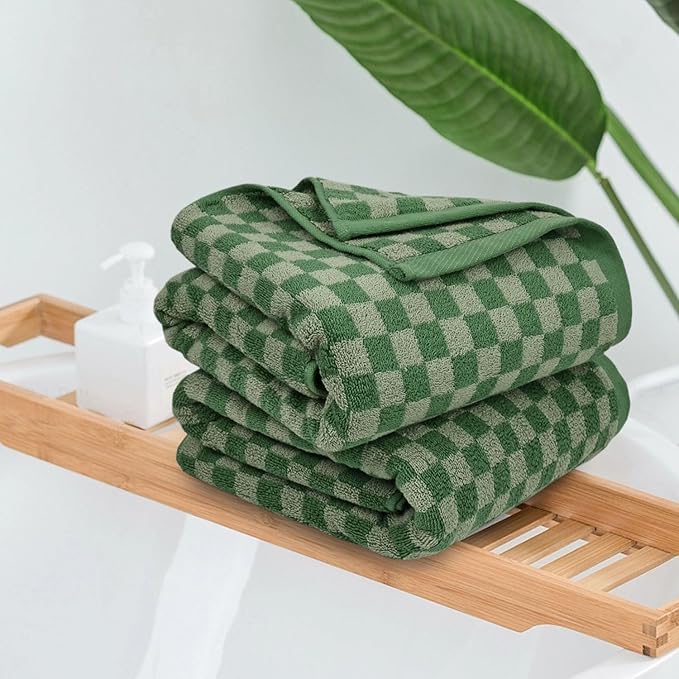 Jacquotha Luxury Bath Towels for Bathroom Green Checkered (54x28 Inches) - Cotton Soft Absorbent Shower Towels 2 Pack Daily Use Lightweigt, Quick Dry, Decorative