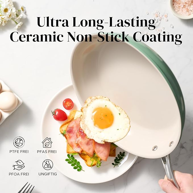 Redchef Nonstick Frying Pan Skillet, Ceramic Non-Stick Saute Pans, 9.5 inch Cooking Fry Pan with Stay Cool Handle, All Stovetops, Dishwasher/Oven Safe, PFAS-Free, Non Toxic (Green)