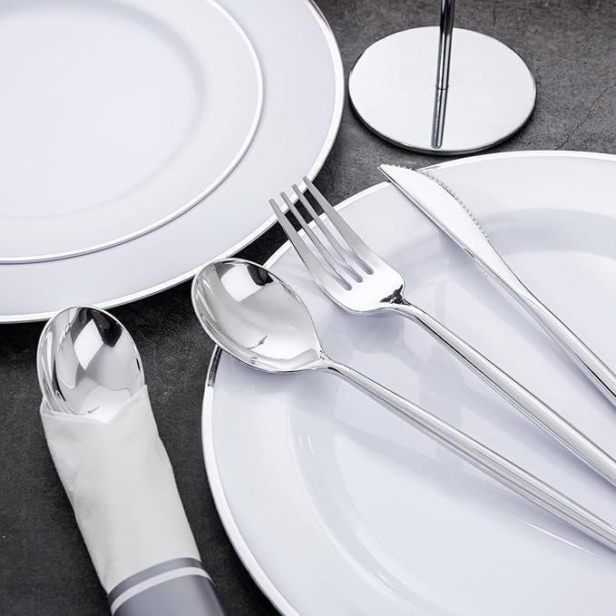 SUT 50 Pack Pre Rolled Silverware Set Disposable, 200 Pcs Silver Plastic Utensils Include 50 Forks, 50 Knives, 50 Spoons and 50 Napkins, Plastic Cutlery, Wrapped Silverware Set Disposable for Party