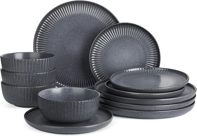 Famiware Starlight Plates and Bowls Dishes Set of 4 (12 Pieces), Ribbed Textured Stoneware Dinnerware Sets- Dishwasher & Microwave Safe, Chip Resistant, Matte Midnight Grey