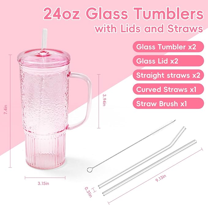 GOSCHE Glass Cups with Lids and Straws, 24oz Glass Tumbler with Straw and Lid, Iced Coffee Cups with Handle for Smoothie Juice Water Tea, Pink, 2 Pack