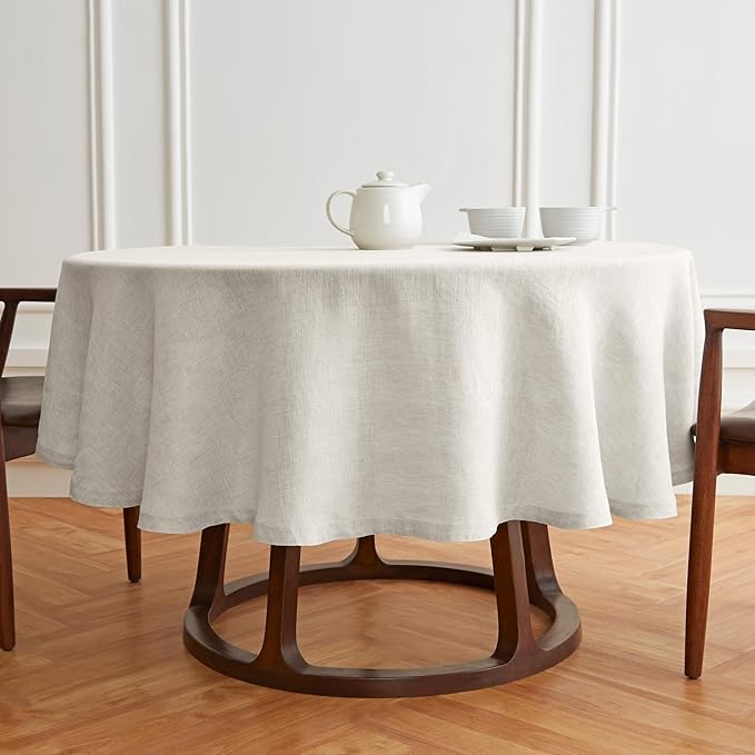 Solino Home Linen 60 Inch Round Tablecloth - 100% Pure Linen Light Flax Round Tablecloth - Machine Washable Table Cloth for New Year - Sonoma