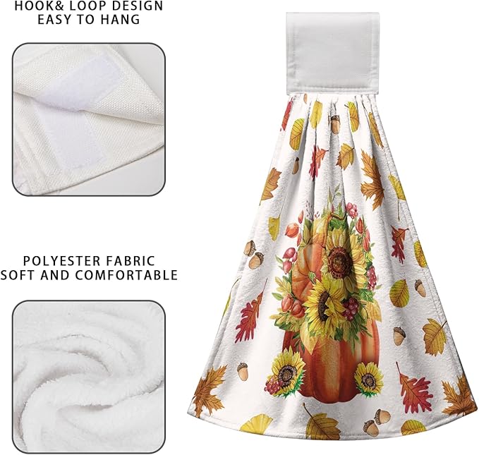 Fall Pumpkin Sunflower Bathroom Hand Tie Towel Autumn Maple Leaf Hanging Dish Towels Set of 2 Decorative Kitchen Towel Soft Absorbent Towels for Bathroom Kitchen Home Decor 17 * 12 Inch