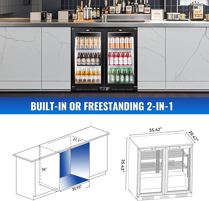 Tylza Back Bar Cooler With 2 Glass Doors, 200L Under Counter Back Bar Refrigerator with LED Lighting, Safety Locks, Counter Height Bar Beverage Cooler for Beer, Soda Drinks, Wine, Black