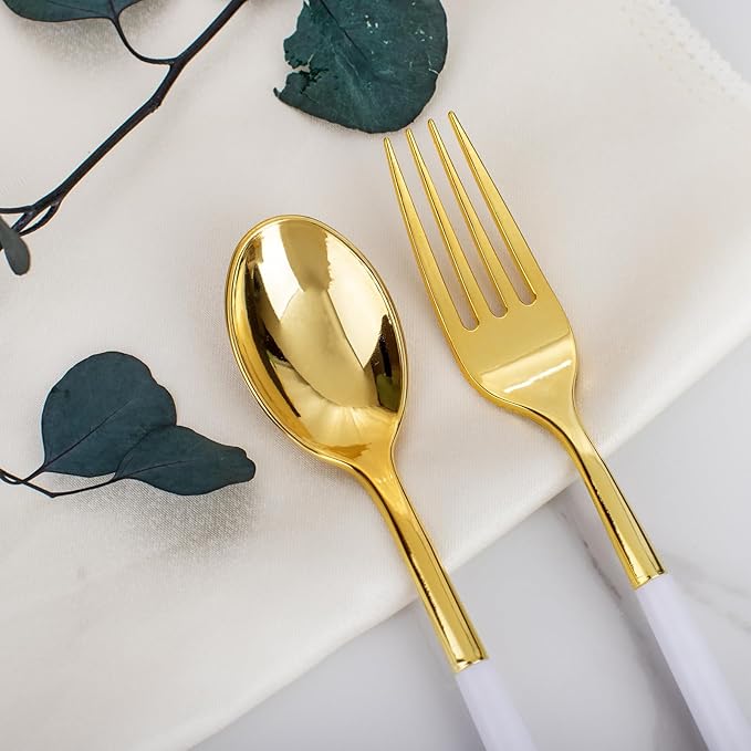 I00000 120 Pcs Disposable Dinnerware - Gold Plastic Utensils Set with White Handle, Include 60 Forks, 60 Spoons for Dinner Wedding Party