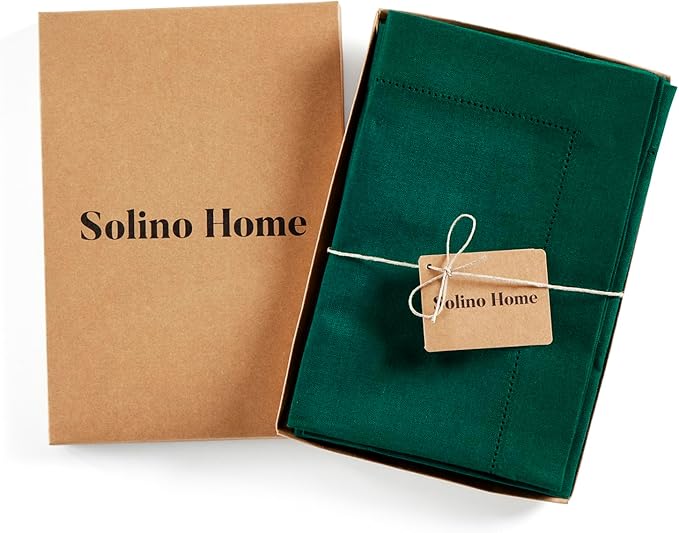 Solino Home Linen Cloth Napkins Set of 4-100% Pure Linen Evergreen Dinner Napkins 20 x 20 Inch - Medium Weight Hemstitch, Handcrafted and Machine Washable