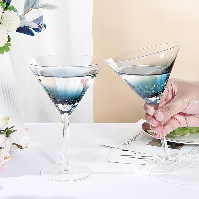 Joeyan Handmade Blue Crackle Martini Glasses,11 oz Crystal Cocktail Glassware,Drinking Glasses for Espresso Martini Cosmopolitan Manhattan Gimlet,Set of 2