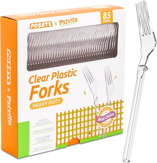 Plastic Forks Heavy Duty, Disposable Clear Silverware Full Size 7.5", Pack of 85