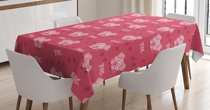 Ambesonne Pig Tablecloth, Square Cartoon Pig Hog Cheering Greeting Running Towards Humor Artwork Print, Rectangular Table Cover for Dining Room Kitchen Decor, 60" X 90", Pale Pink