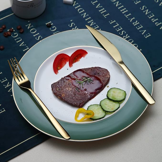 Gold Steak Knives Set 12 Piece, Premium Stainless Steel 6 Dinner Forks and 6 Dinner Knives Set, Steak Knives Steak Forks for 6 Person, Dishwasher Safe (Shiny Gold)