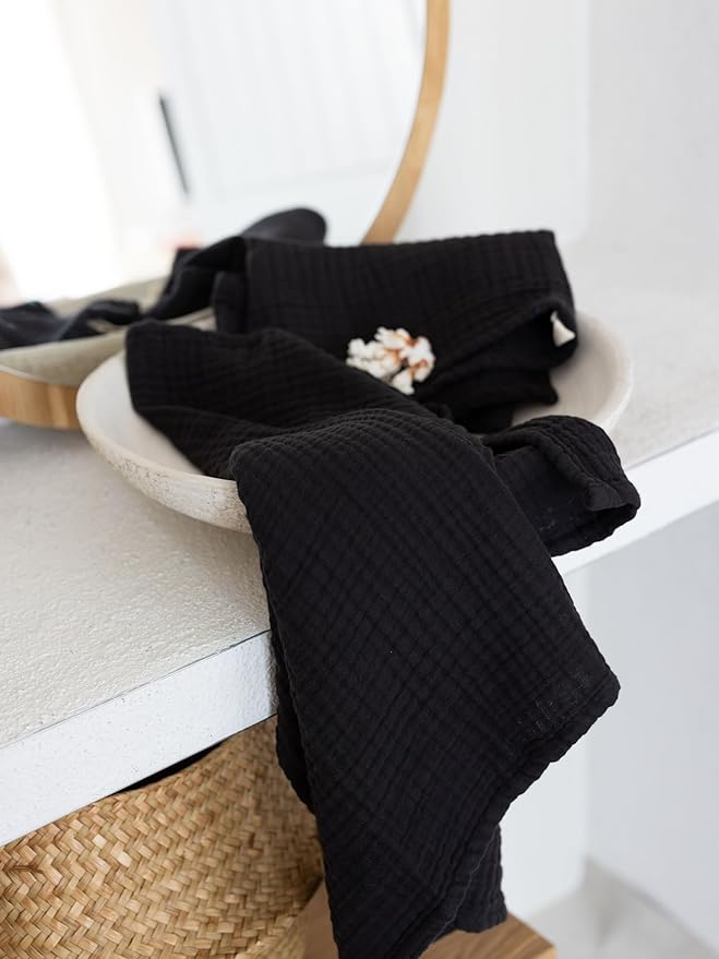 4 Pieces Muslin Towel Set for Bathroom, Luxury 100% Turkish Cotton Thin Soft Quick-Dry Lint-Free Large Size Bath Hand Towel Sets (Black, 2 Bath & 2 Hand Towel Set)