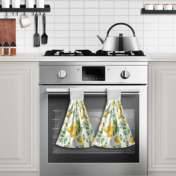 Spring Lemon Kitchen Hand Towels with Loop 2 Pcs Summer Leaves Yellow Lemons Hanging Dish Towels Soft Absorbent Tie Towel Dishcloths for Bathroom Kitchen Washroom 17 x 12 in