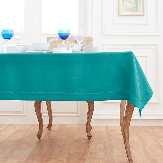 Solino Home Linen Tablecloth 60 x 144 Inch - Classic Hemstitch 100% Pure Linen Teal Table Cloth for Rectangle Tables - Machine Washable Tablecloth