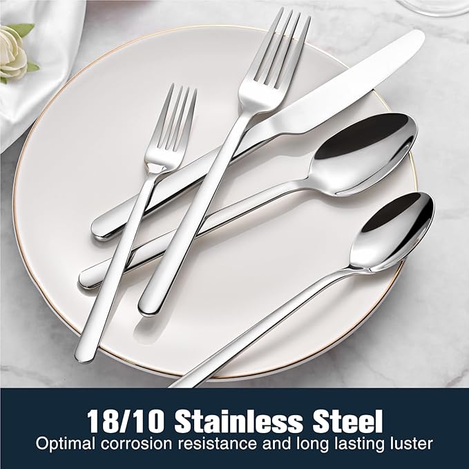 KINGSTONE Forged 40-Piece Silverware Set 18/10 Stainless Steel Flatware Utensils Set for 8, Mirror Finish,Dishwasher Safe (Silver)