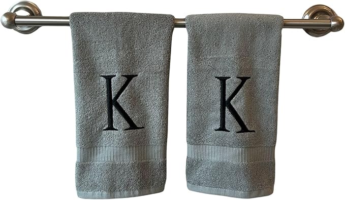 Gray Initial Hand Towel for Bathroom - Monogrammed Luxury Hotel Quality Decorative Embroidered Towel for Powder Room, Spa - GOTS Organic Certified - Set of 2 Black Letter K