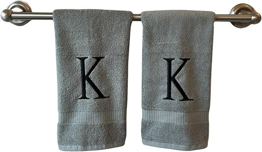 Gray Initial Hand Towel for Bathroom - Monogrammed Luxury Hotel Quality Decorative Embroidered Towel for Powder Room, Spa - GOTS Organic Certified - Set of 2 Black Letter K