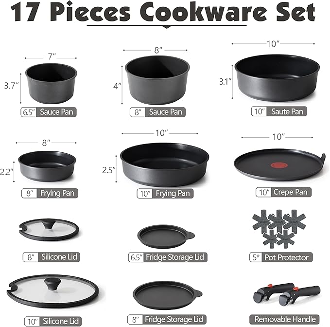 SENSARTE 17 Piece Pots and Pans Set, Nonstick Detachable Handle Cookware Set, Induction Thermo-Signal Cookware Set with Removable Handle, Healthy Non Stick for RV, Dishwasher ＆ Oven Safe (Black)