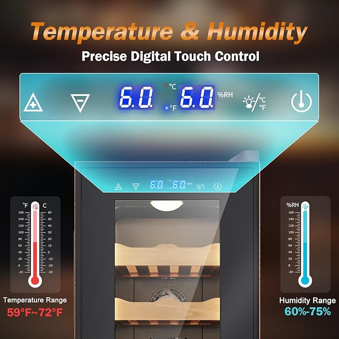 Electric Humidor with Leather-35L Cooling & Heating Humidor, Smart Touch Control Humidity & Temp, Humidors wtih Spanish Cedar Wood Tray, Digital Display, Safety Lock, Desktop Gift for Men