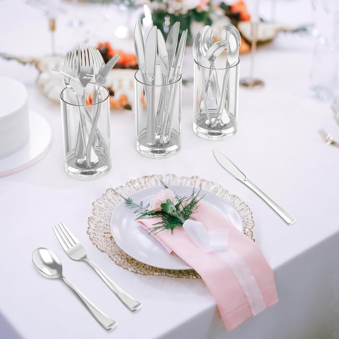 200 Count Heavy Duty Silver Plastic Silverware, 100 Forks, 50 Spoons, 50 Knives, BPA-Free, Heat Resistant, Disposable Plastic Utensils Set Cutlery Set, Plasticware Bulk