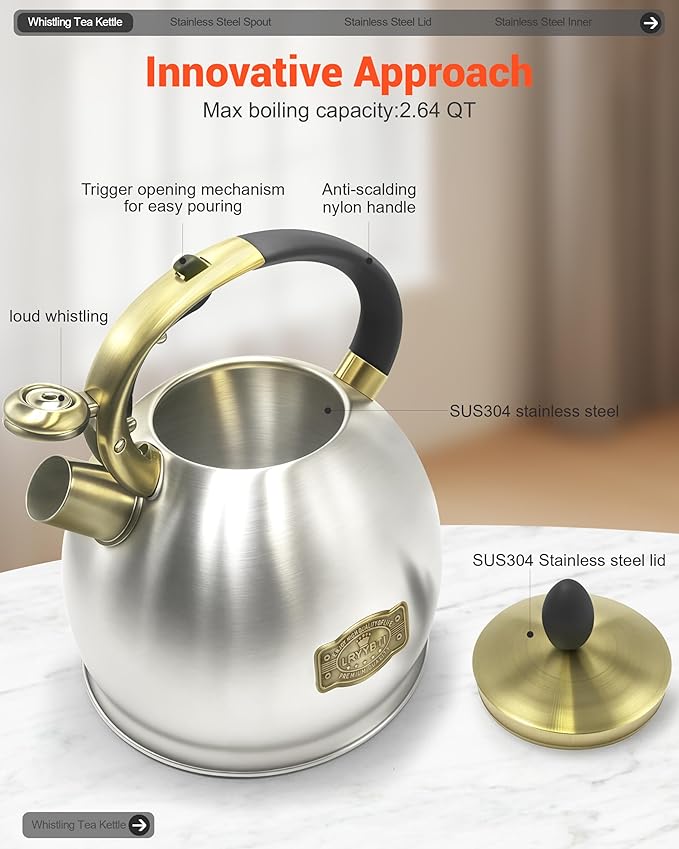 Stove top Whistling Tea Kettle Food Grade Stainless Steel Teapot of 5-layer base for Camping & Kitchen(Brushed, 2.64 Qt)