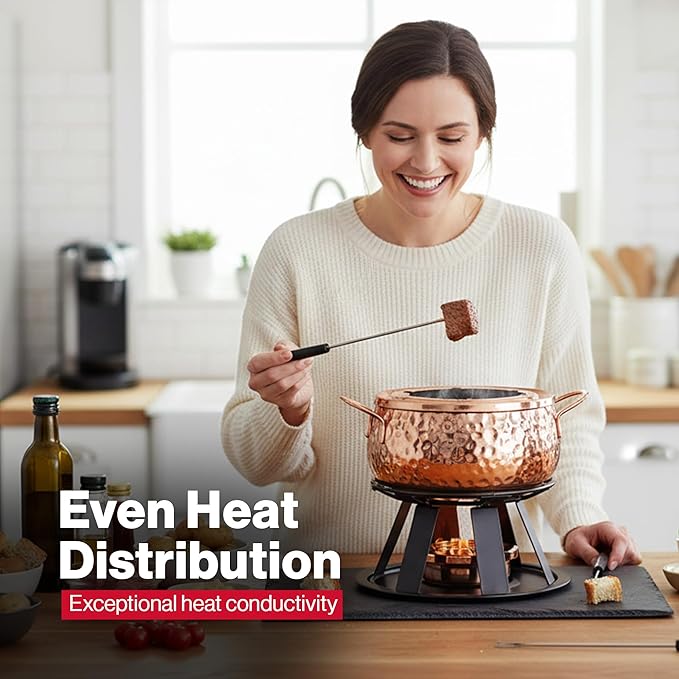 Swissmar Biel 11-Piece Copper-Plated Fondue Set – Hammered Finish – Ideal for Oil & Broth Cooking – Perfect for Entertaining, Kitchen Collections & Wedding Gifts – 2 Liter / 2.1 Quarts