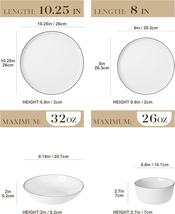 MALACASA 24 Pieces Gourmet Porcelain Dinnerware Sets, Premium Plates and Bowls Set, High-Fired Dishes Set for 6, Chip & Scratch Resistant, Microwave Dishwasher Safe, White & Black Rim, Series LEXI