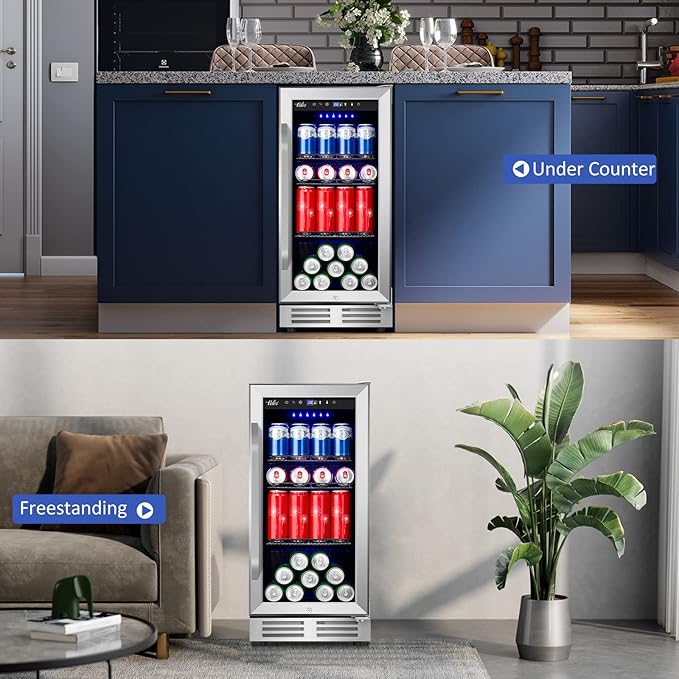 15 Inch Beverage Refrigerator and Cooler - 125Cans Capacity Mini Beer Drink Fridge with Glass Door and Lock Under Counter Built-in or Freestanding - for Soda, Beer, Wine - for Home Bar Kitchen