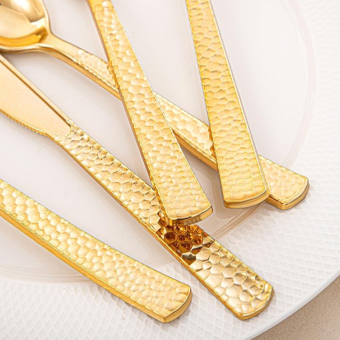 KIRE 400PCS Gold Plastic Silverware - Extra Heavy Duty Hammered Silverware Disposable Set, Gold Utensils Set Include 200 Forks,100 Knives,100 Spoons for Thanksgiving Party, Wedding