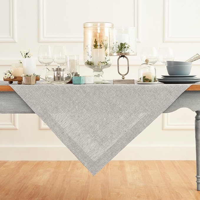 Solino Home Linen Tablecloth 52 x 52 Inch - 100% Pure Linen Square Table Throw - Athena, Machine Washable Oyster Grey Tablecloth