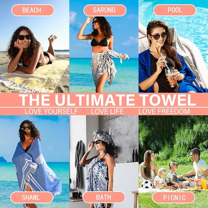 2 Pack Turkish Beach Towel Quick Dry Absorbent Cotton Lightweight Thin Bathroom Bath Pool Swim Towels Extra Large Oversized Sand Free Beach Accessories Essentials Stuff Cloud Adults Gift