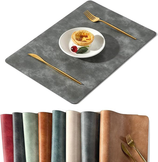 UnivoColors Washed Cowhide Pattern PU Leather Placemats Set of 8 Heat Resistant Kitchen Table Mats, Waterproof Wipeable for Party Decoration(Grey)