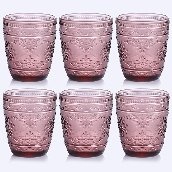 Purple Glassware set of 6, 10OZ Drinking Glasses, Purple Heavy Duty Glass Cups, Colored Glassware Set, Embossed Glasses Set for Party Wedding Home Office Gift