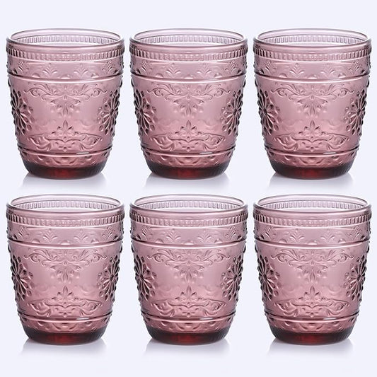 Purple Glassware set of 6, 10OZ Drinking Glasses, Purple Heavy Duty Glass Cups, Colored Glassware Set, Embossed Glasses Set for Party Wedding Home Office Gift