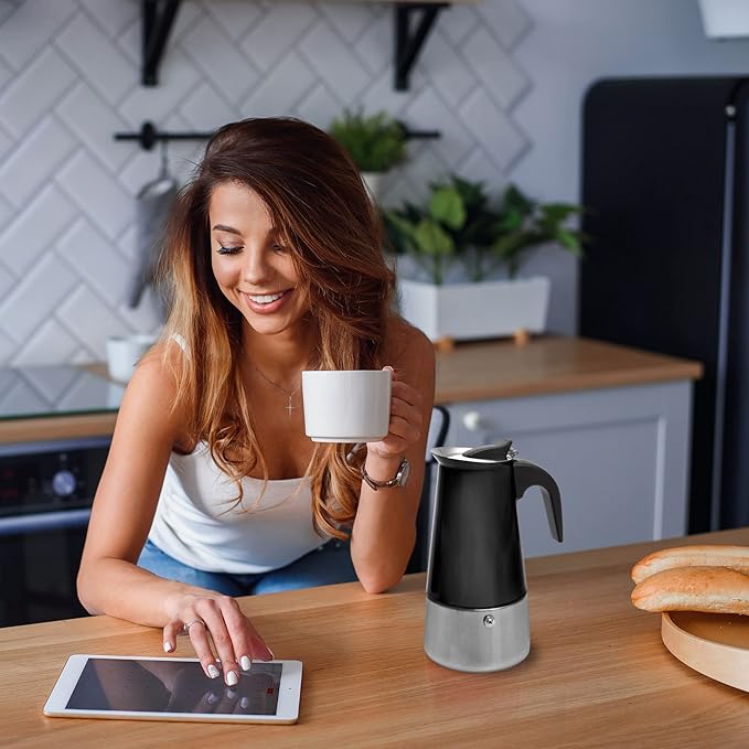 Mixpresso Black 9 Cup Greca Stovetop Espresso Pot 450ml/15oz, Moka Pot with Coffee Percolator Design, Stainless Steel Stove Top Coffee Maker for Camping or Home Use,Italian Stovetop Espresso Maker