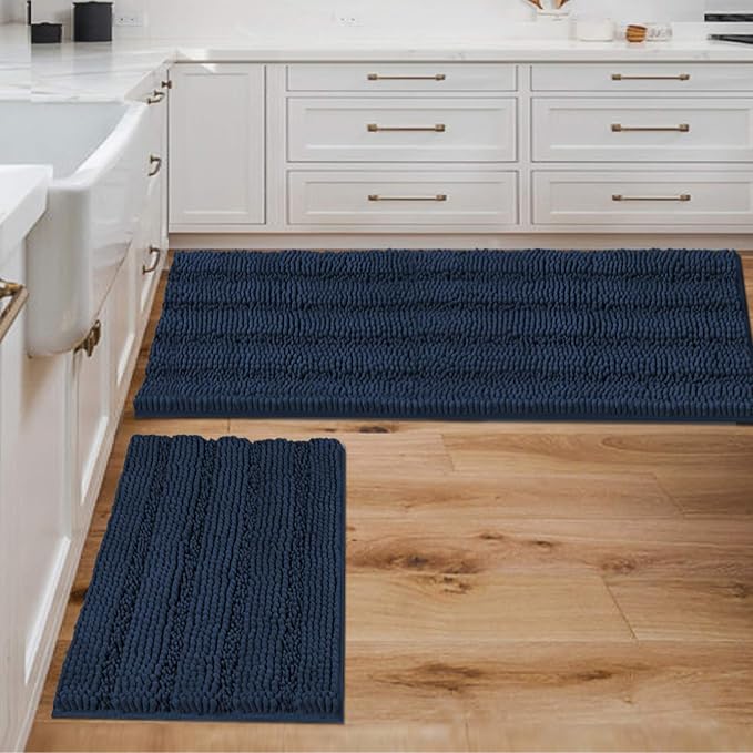 H.VERSAILTEX 2 Piece Bathroom Set - Super Absorbent Chenille Striped Bath Mats, Non Skid, Machine Washable - Navy, 47 x 17 Plus 17 x 24 Inches