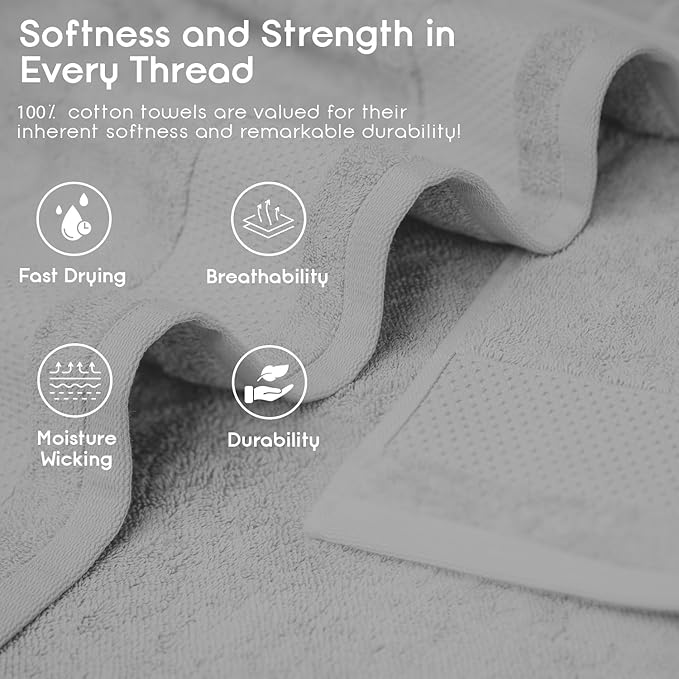 Ariv Premium Bath Towels Pack of 8, 100% Cotton, 2 Large Bath Towels, 2 Hand Towels, 4 Washcloths, Super Soft, Highly Absorbent, Quick Dry, Durable, Great Value, Perfect for Home & Bathroom - White