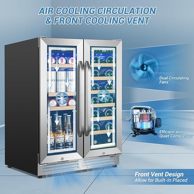 Wine and Beverage Refrigerator Under Counter, 24 Inch Beverage Fridge Dual Zone with Glass Door, Built In Beverage Cooler with Increase Capacity Space, Advanced Cooling System