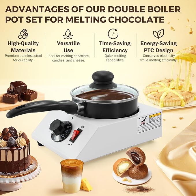 Electric Chocolate Melting Pot, 1kg Capacity, Adjustable Temperature, Ceramic Coating, Easy to Clean, Multi-Use for Chocolate, Butter, Cheese, and Candy - Perfect for Home and Commercial Use