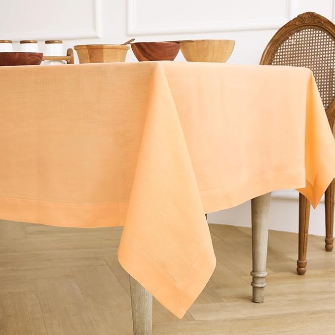 Solino Home Linen Tablecloth for Rectangle Tables 60 x 108 Inch - 100% Pure Linen Peach Table Cloth - Fete, Machine Washable Cloth Tablecloth