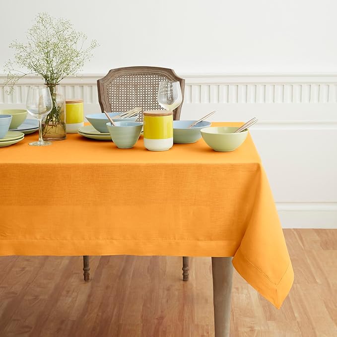 Solino Home Linen Tablecloth 52 x 52 Inch - 100% Pure Linen Tangerine Yellow Square Tablecloth - Fete, Machine Washable Table Throw