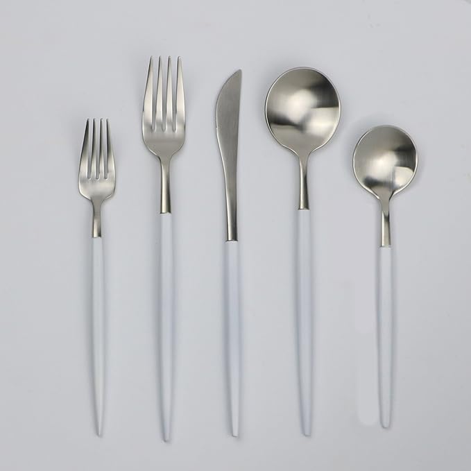 20-Pieces Luxury White Handle Silver 18/10 Stainless Steel Flatware Set, Matte Finish, Service for 4