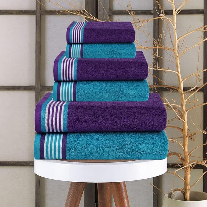 CASA COPENHAGEN Designed in Denmark 550 GSM 2 Large Bath Towels 2 Large Hand Towels 2 Washcloths, Super Soft Egyptian Cotton 6 Towels Set for Bathroom, Kitchen & Shower - Violet Indigo & Teal Green